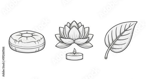 Zen meditation set: lotus flower, candle, cushion, and leaf illustration