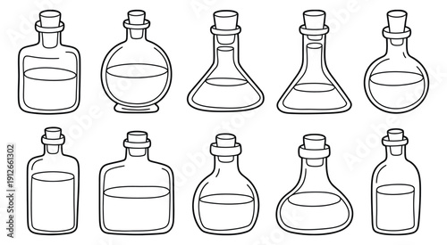 Glass bottles vector illustration, outlined assorted flasks filled with colorful liquids, alchemy and science experiment concept