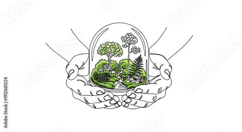 Protected Ecosystem Hands Holding Glass Dome with Trees, Rocks, and Grass, A Conceptual Illustration of Conservation