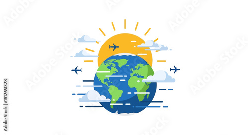 Illustration of a globe with planes and a sunny background, symbolizing global tourism resilience and travel comeback on a bright day.