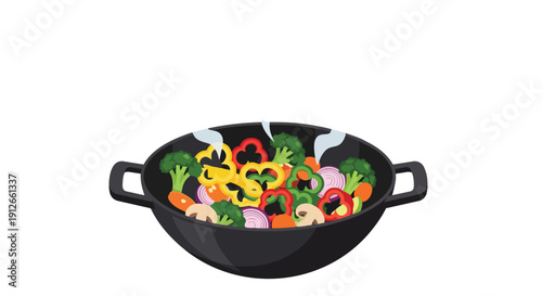 Sizzling vibrant fresh vegetables stir-frying in a classic black wok, an illustration of healthy cooking and delicious vegetarian cuisine