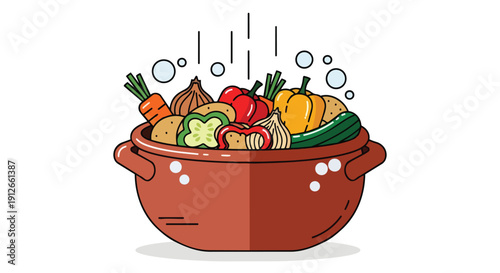 A vibrant illustration of a rustic brown pot brimming with fresh, diverse garden vegetables, hinting at wholesome meal preparation and healthy