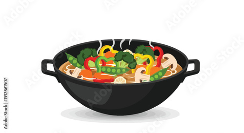 Vibrant Steaming Vegetarian Wok Dish with Fresh Colorful Vegetables