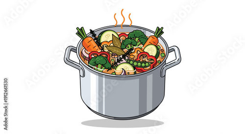 A vibrant illustration of a steaming pot filled with colorful garden vegetables and aromatic herbs, creating a delicious and healthy stew for a