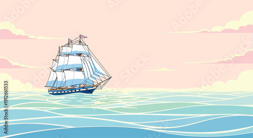Vintage sailing ship navigating calm ocean waters at sunset