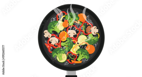 Vibrant vegetable medley simmering in a pan, a colorful and healthy meal preparation for a nutritious dish. Fresh ingredients cooking to perfection