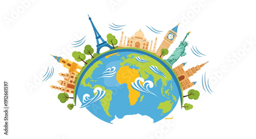 Illustration of a globe with iconic landmarks and transportation symbols, representing global tourism resilience and comeback, with a playful motion ready concept.