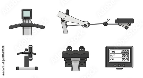 Rowing Machine Parts and Display: Top View, Side, and Frontal Angles