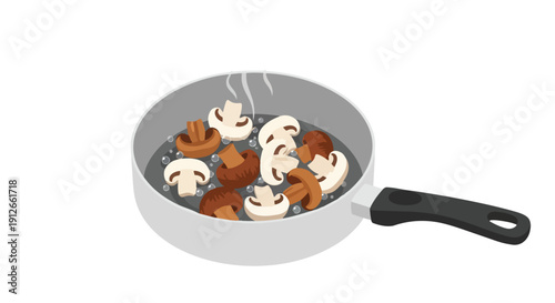 Steaming gourmet mushrooms gently sautéing in a sleek non-stick pan, generating a savory aroma for a delightful culinary experience to savor.