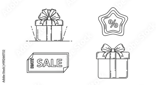 Sale Icons: Gift Boxes, Percentage Star, and Sale Tag - Black and White Line Art