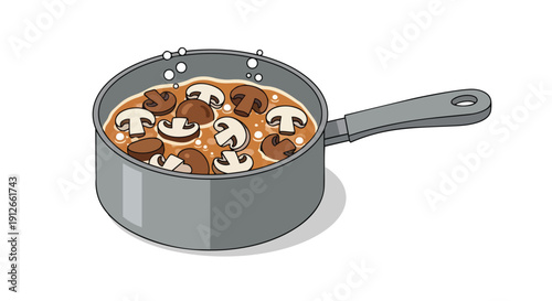 Creamy mushroom concoction gently simmering in a sleek gray saucepan with frothy bubbles