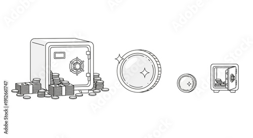 Secure Safe Box Overflowing with Coins and Banknotes, Shiny Coin, Small Open Safe