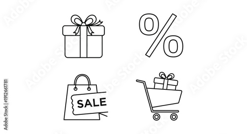 Set of four black and white icons: gift box, percentage sign, shopping bag with sale tag, and shopping cart with gift.