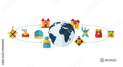 Illustration of global tourism resilience with icons of travel, transportation, and landmarks orbiting the Earth, symbolizing a comeback and safe travel.