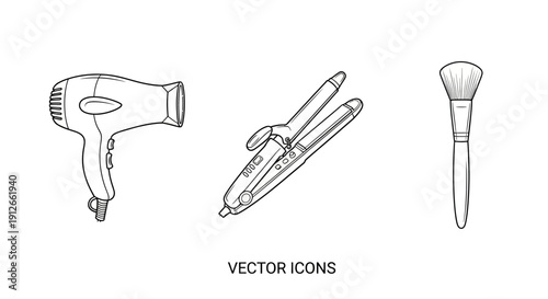 Set of vector icons: hairdryer, hair straightener, makeup brush on white background
