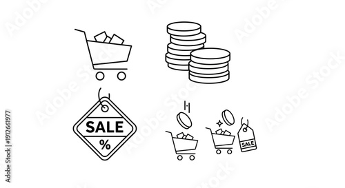Shopping Cart Icons: Sale, Coins, Tags, and Discounts for E-commerce and Retail