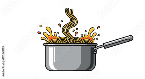 Dynamic cartoon illustration of pasta boiling vigorously in a kitchen pot with lively splashes