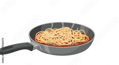 Delicious spaghetti cooking in a frying pan, representing homemade Italian cuisine, ready for a delightful meal. Perfect for food blogs, menus, and