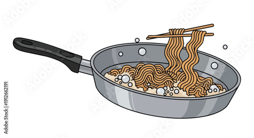 Quick instant noodle preparation in a pan with chopsticks, an engaging culinary illustration