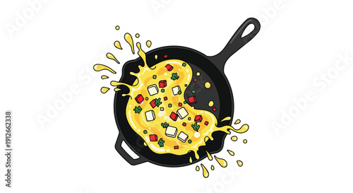 Vibrant breakfast ingredients bursting from a sizzling cast iron pan creating a dynamic culinary explosion ready for delicious morning enjoyment and