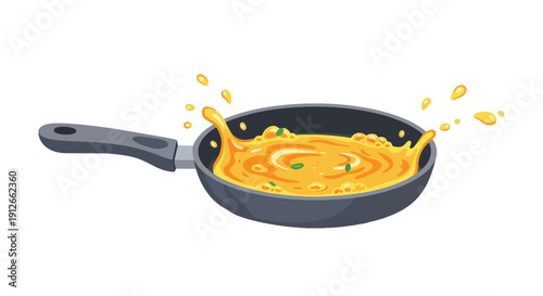 Dynamic cartoon illustration of a frying pan filled with hot, splashing yellow liquid and green herbs cooking vigorously on a white background
