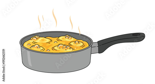 Animated illustration of golden liquid bubbling in a saucepan, emitting warm steam, suggesting cooking or heating of food