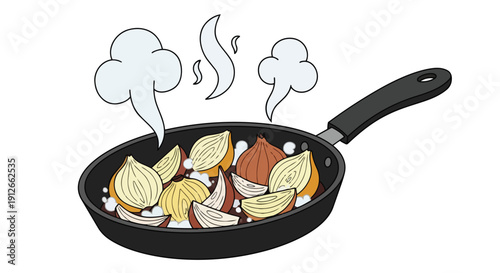 Vibrant cartoon illustration of onions gently sizzling in a hot frying pan with visible steam rising, depicting culinary preparation and aromatic