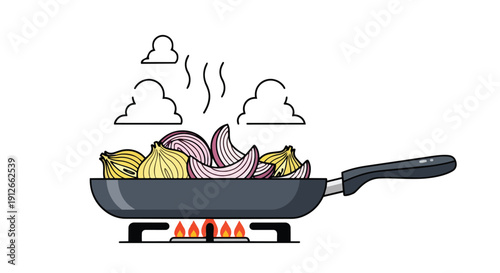 Vibrant yellow and purple onions gently sautéing in a sleek dark pan atop a lit gas stove, releasing fragrant steam, a colorful kitchen scene of