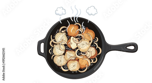 Sizzling golden onions cooking in a hot cast iron pan illustration for culinary recipes