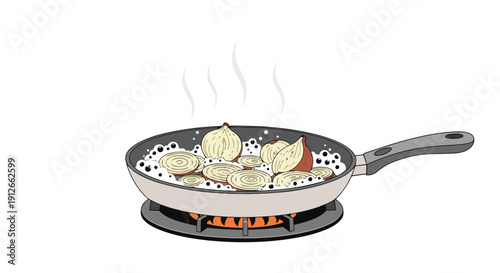 Culinary illustration of fresh onions, sliced and whole, cooking in a hot pan on a stovetop with steam, a vital step for delicious food preparation