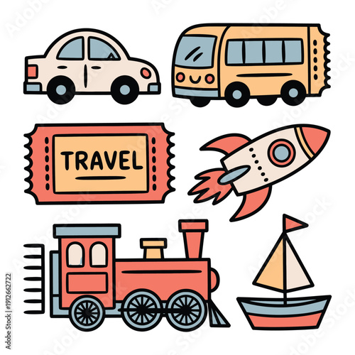 Journey's Beginnings: A vibrant collection of playful illustrations showcases the different modes of transport that take us on journeys, from the ground to the sky, and over the water.