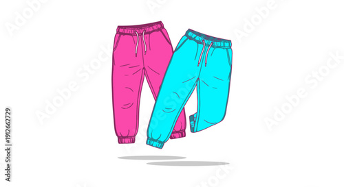two colorful pink and blue sweatpants comfortable jogging bottoms with drawstrings floating on white perfect for modern sportswear promotion.