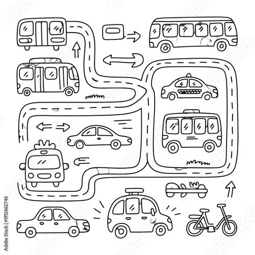 Doodle Transport Town: A whimsical illustration of a lively town featuring diverse vehicles navigating interconnected roads. 