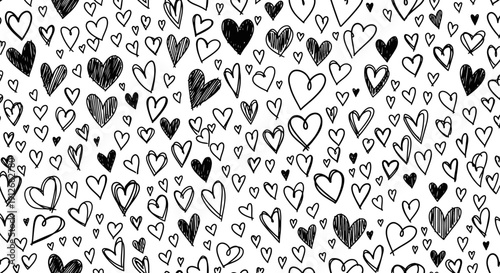 seamless hand drawn heart pattern with artistic doodle hearts on a white background conveying love romance and design.
