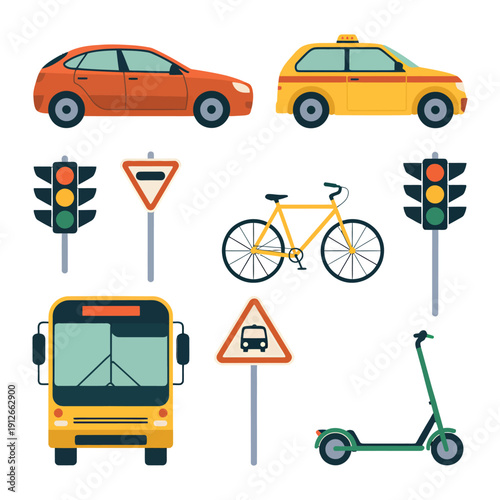 Urban Mobility: A collection of various vehicles and transportation elements, including cars, a taxi, traffic lights, road signs, a bicycle, a bus, and a scooter.