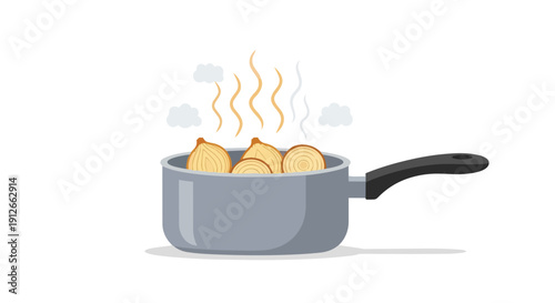 Visual representation of a fundamental culinary preparation where fresh onion slices are skillfully cooked within a modern saucepan emitting gentle