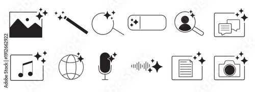 Ai generated audio or media icon set. Ai star sparkle symbol, creative artificial intelligence and machine learning technology concept. Generative AI. music generated, image generate, magic pencil