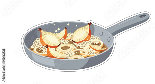 An illustrative depiction of whole and sliced onions simmering alongside granular ingredients within a grey frying pan, symbolizing essential