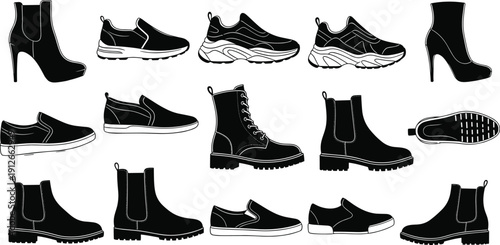 Fashion footwear silhouettes collection featuring boots, sneakers, high heels and casual shoes vector illustration set