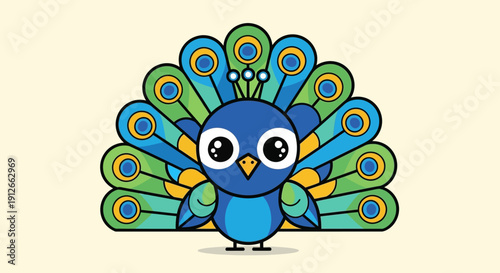 Cute Cartoon Peacock Illustration - Adorable Bird with Colorful Feathers