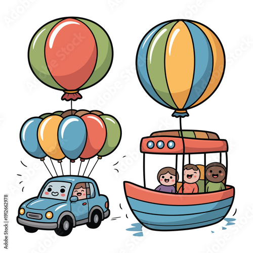 Whimsical Flight: A vibrant scene unfolds with a charming car lifted by colorful balloons and a boat soaring through the sky, both carrying joyful passengers, symbolizing dreams and adventure.