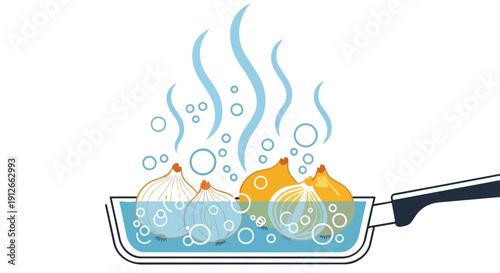 Illustrative depiction of onions gently simmering in a bubbling pot preparing for a delicious culinary creation