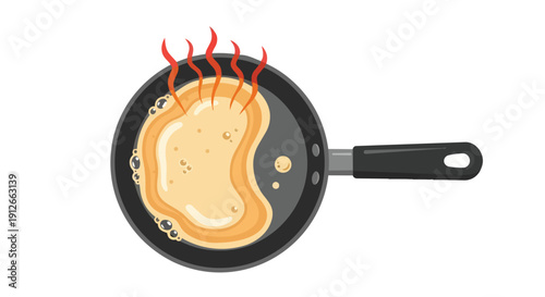 A vibrant cartoon illustration showcasing a delicious breakfast pancake bubbling gently in a hot frying pan, depicting the joyful process of morning
