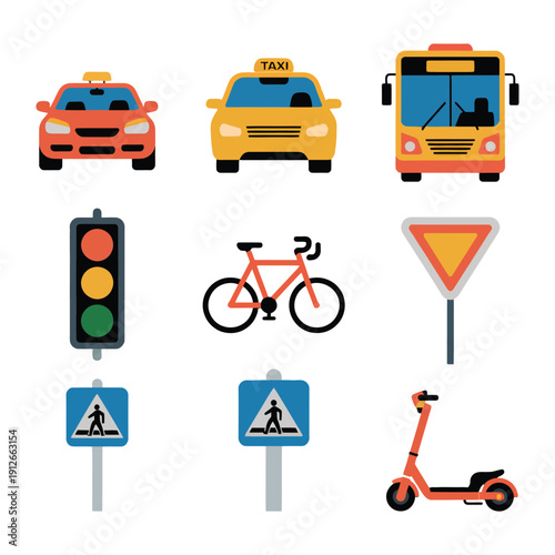 Urban Mobility: A collection of various vehicles and traffic elements, including taxi, bus, traffic light, bicycle, pedestrian sign, scooter, and a give-way sign.