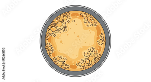 Minimalist overhead illustration of a warm frothy liquid in a round vessel with delicate bubble patterns on the surface