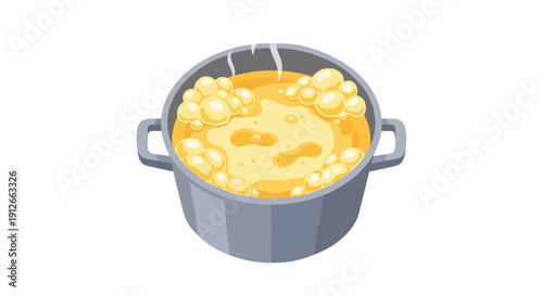 Vibrant cartoon depiction of a metal pot vigorously boiling yellow liquid with rising steam, kitchen cooking concept.