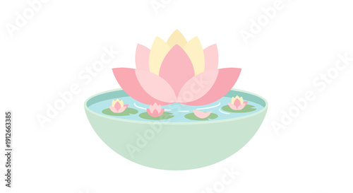 Serene Lotus Flowers Floating in Water Bowl, Gentle Pink and Yellow Petals, Spa and Wellness Concept
