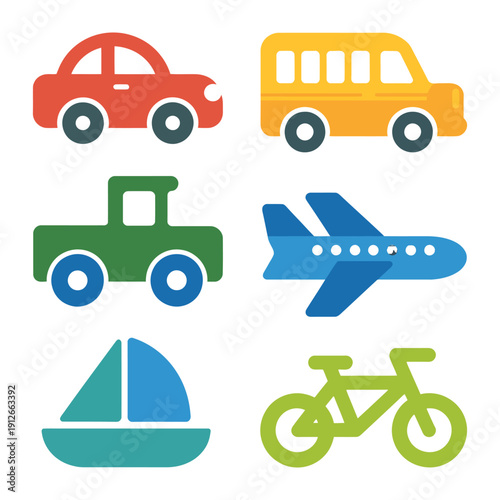 Colorful Transport Icons: A delightful assortment of vividly colored vehicle icons, designed to captivate and engage. Showcasing different transport for education and creative projects