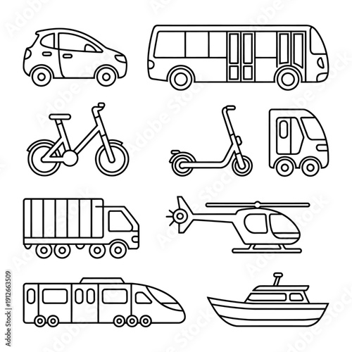 Transportation Icons: A collection of simple, black-and-white icons representing various modes of transport, perfect for use in navigation, design, and illustrative purposes. 