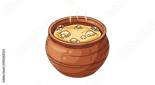 A charming illustration of an earthenware pot filled with a golden, effervescent liquid, gently releasing steam, depicting a warm, inviting dish for